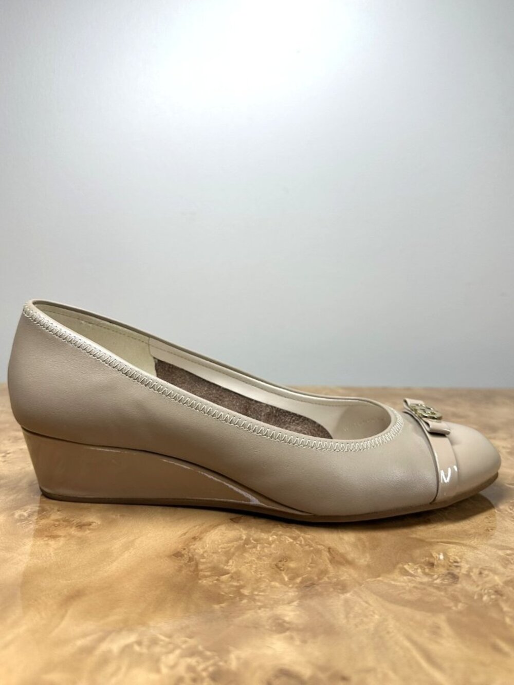 Cole Haan Waterproof Beige Leather Patent Cap Toe Wedge Pumps 8B